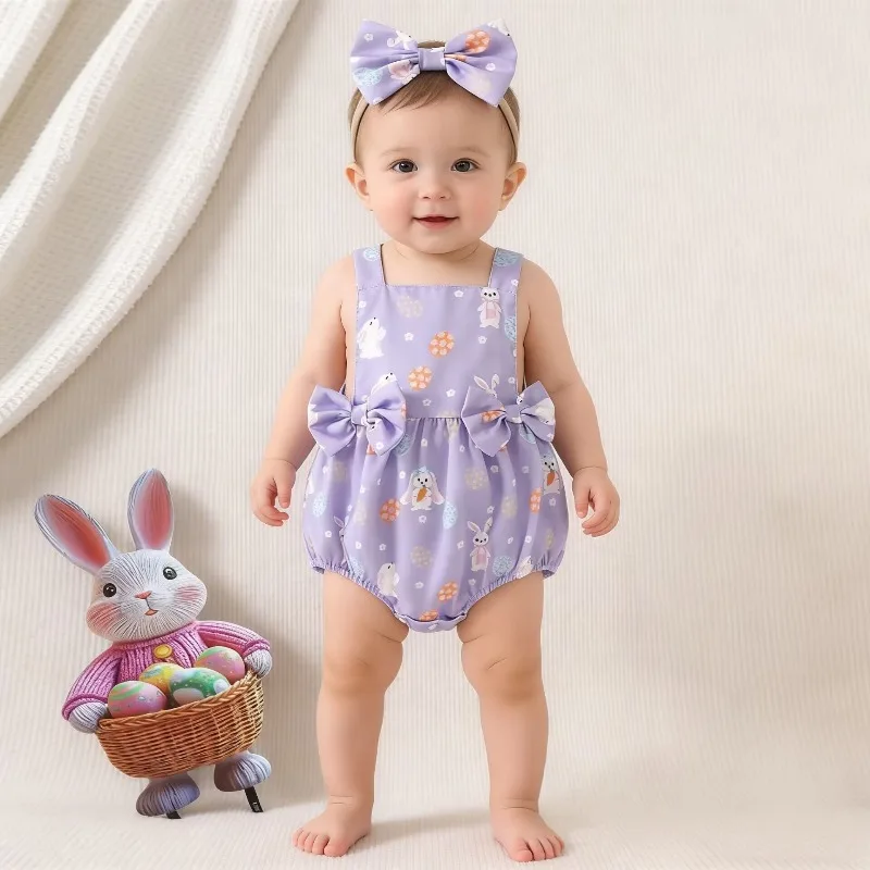 

Новый пасхальный костюм для косплея, боди с принтом фиолетового кролика, комбинезон, милые аксессуары для волос с бантом, комплект из двух предметов для девочек 1-3 лет