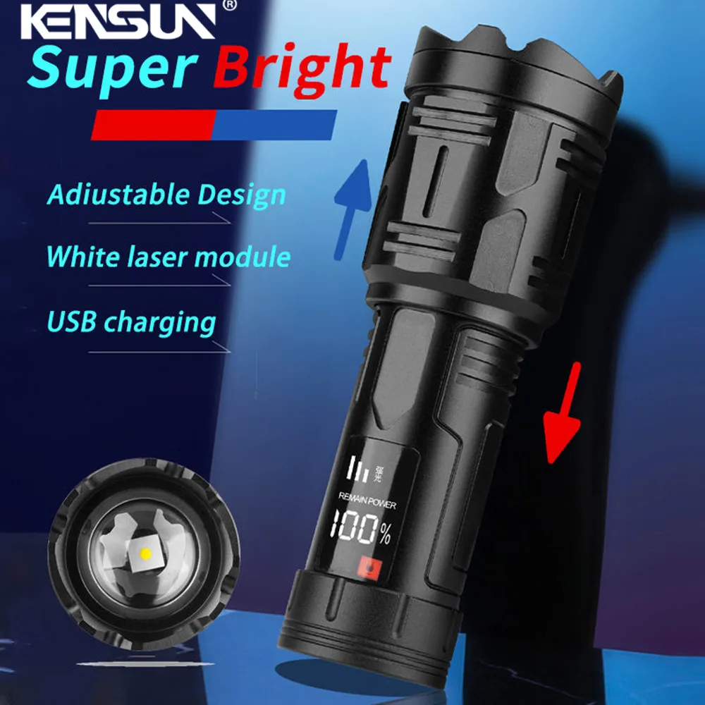 New Strong Light Super Bright Spotlight Long Range Laser LED Flashlight Type-c Charging LCD Display Tactical Patrol Laser Torch