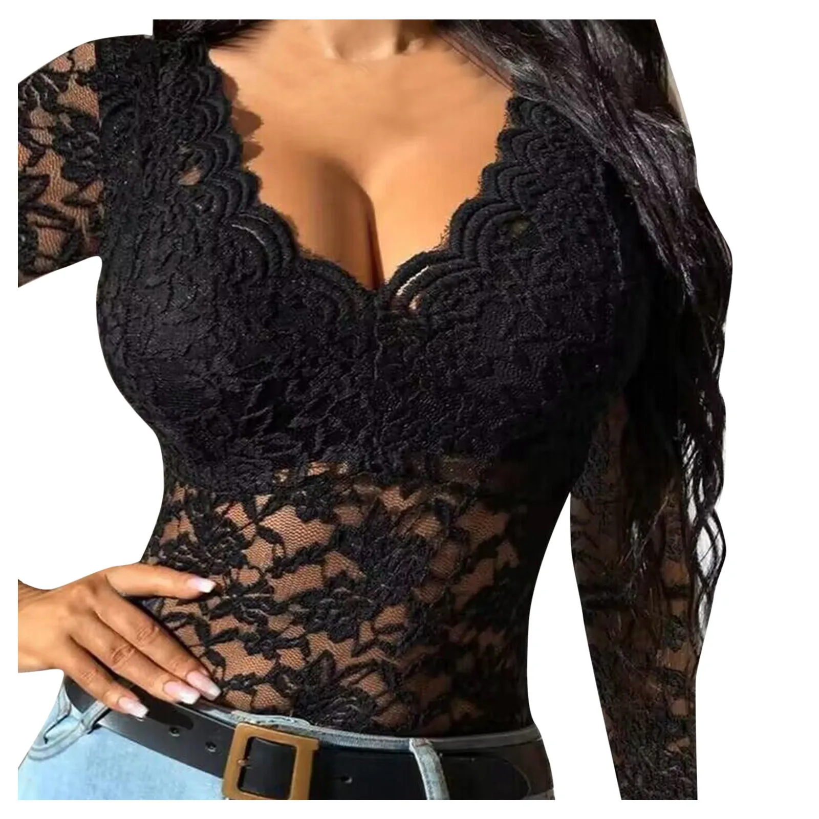 Women Shirt Sexy Lace Shirt See Through Casual Slim Fit Tops Embroidery Sheer Mesh Lace Long Sleeve Deep V Womens Sexy Outfits