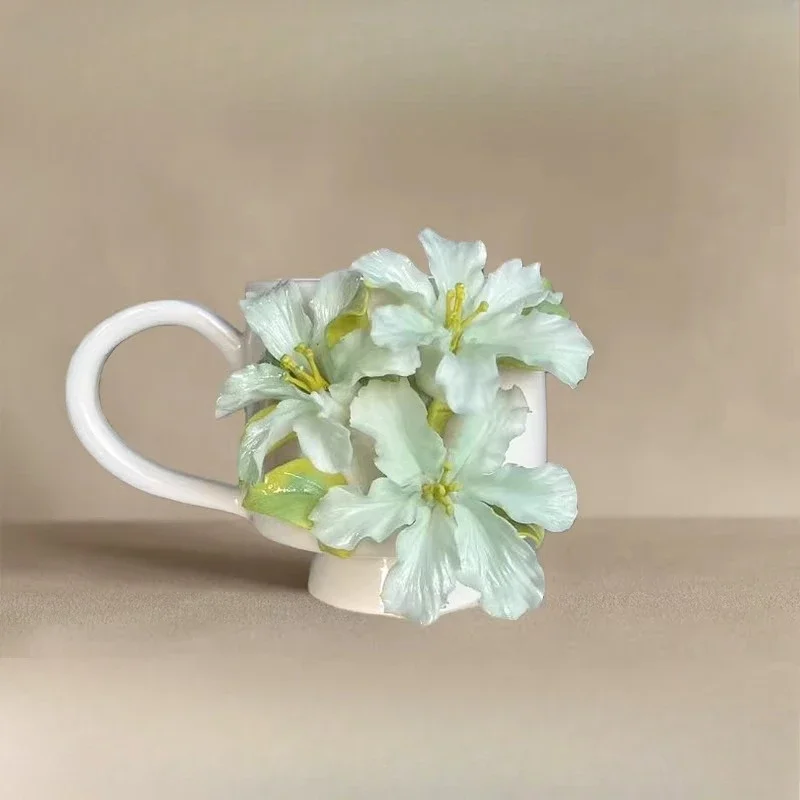 Pinch flower, green rhododendron ceramic cup, coffee cup