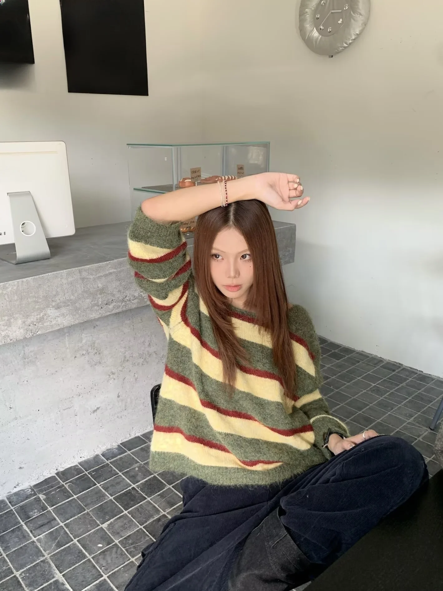 Kumikumi كسول Sle اللون بلو مخطط الجولة Ne البلوز سترة المرأة فضفاضة التخسيس رداء علوي غير رسمي لموسم الخريف #3