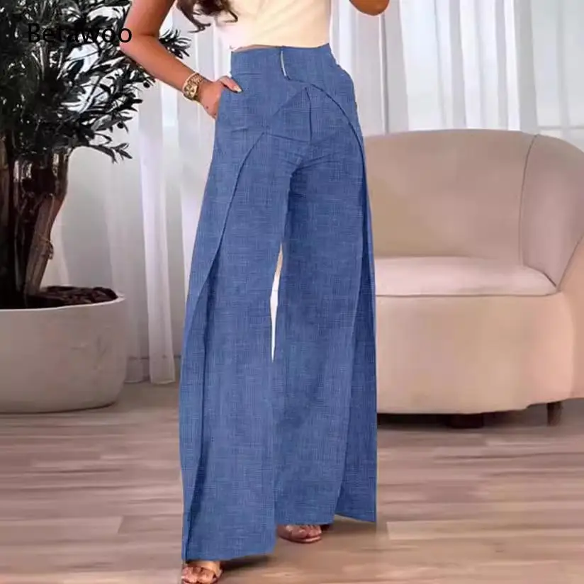 High Waist Front Split Wide Leg Pants Pocket Design Casual Loose Floor Length Trousers for Women