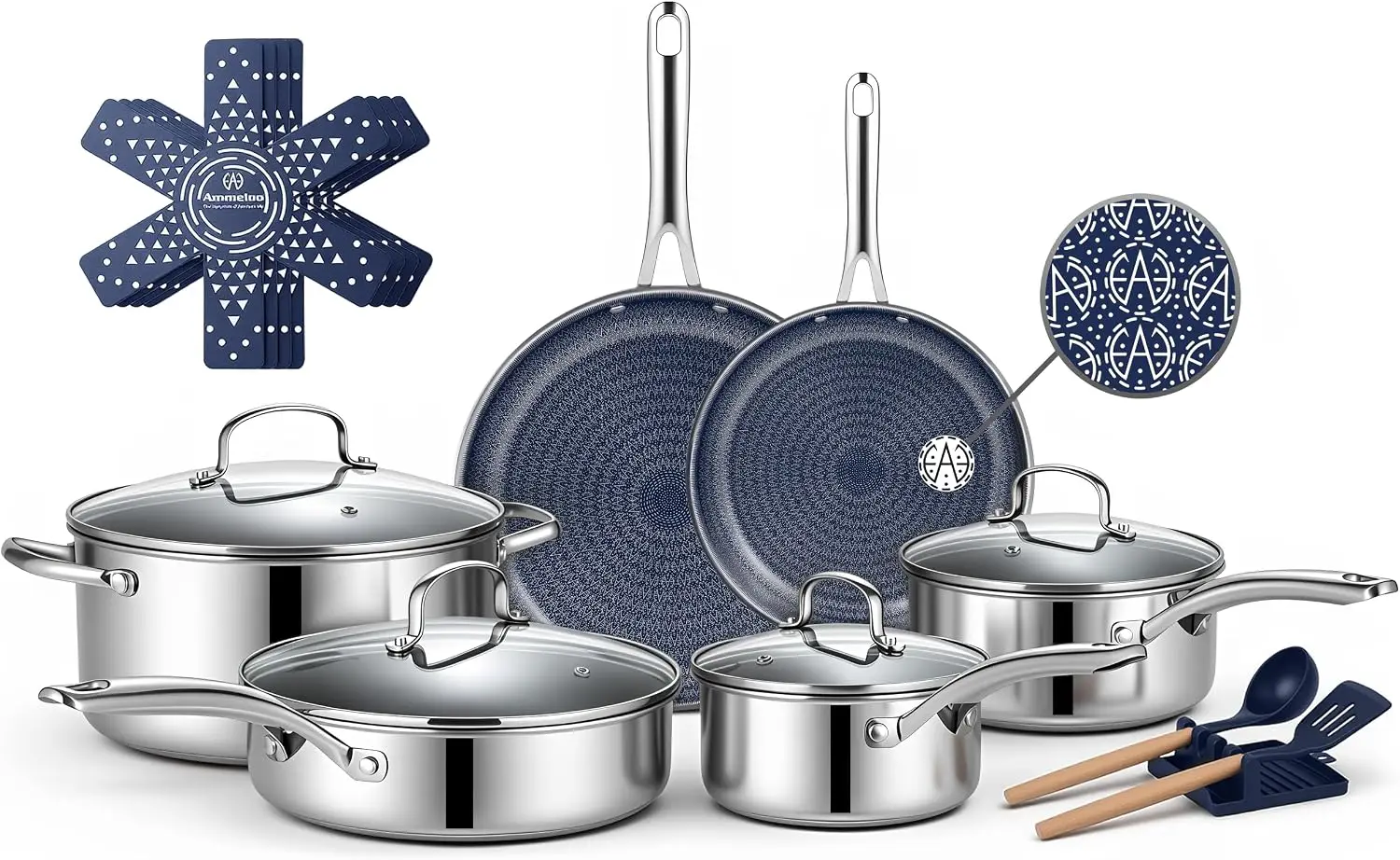 17 Pcs Pots Pans Set Non Stick Stainless Steel Cookware Hybrid Tri Ply Non Toxic PFOA Free Induction All Cooktop Compatible Oven