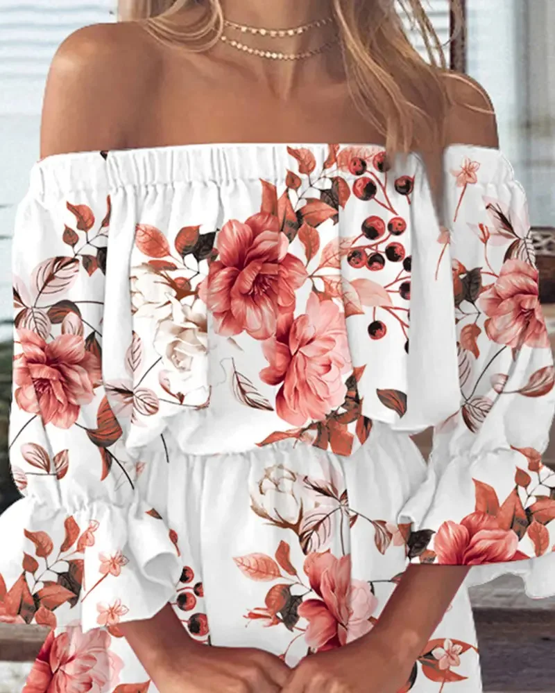 Off-shoulder mini-jurk met bloemenprint voor dames - Boho-casual jurk met ruches en klokmouwen voor zomerstrandfeest