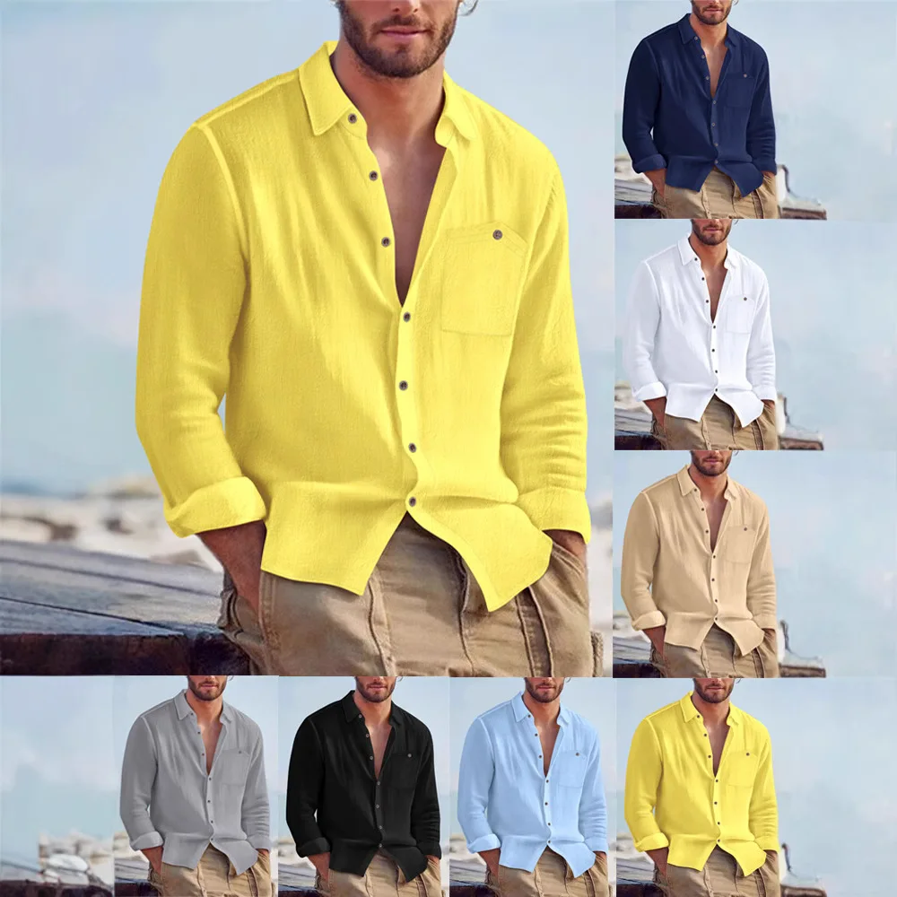 2026 Autumn New Men's Cotton and Hemp Long Sleeve Shirt Loose Casual with Pocket Collar Shirt