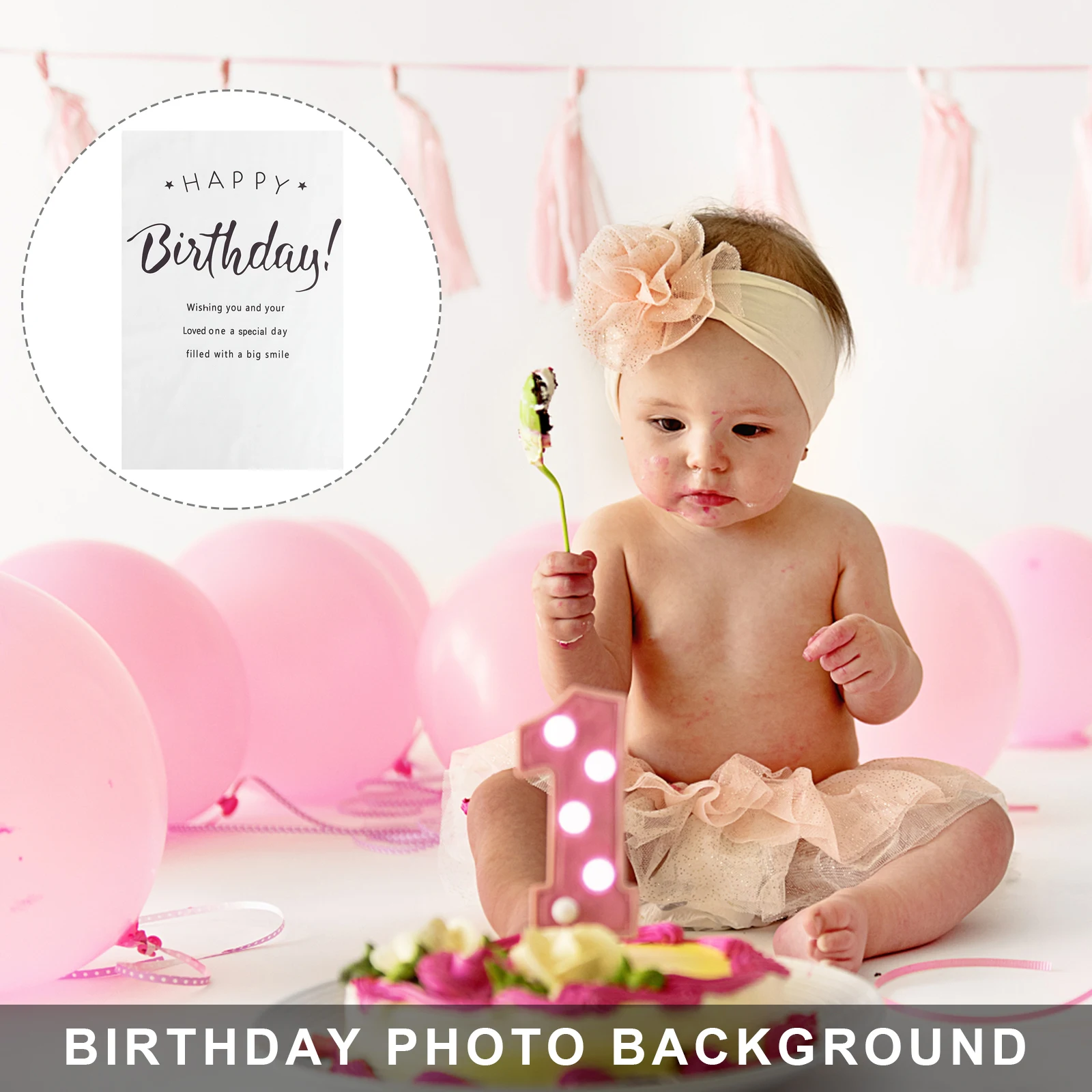 

Happy Birthday Background Cloth Photo Backdrop White Polyester Simple Design Practical Durability Birthday Party Decoration Wall