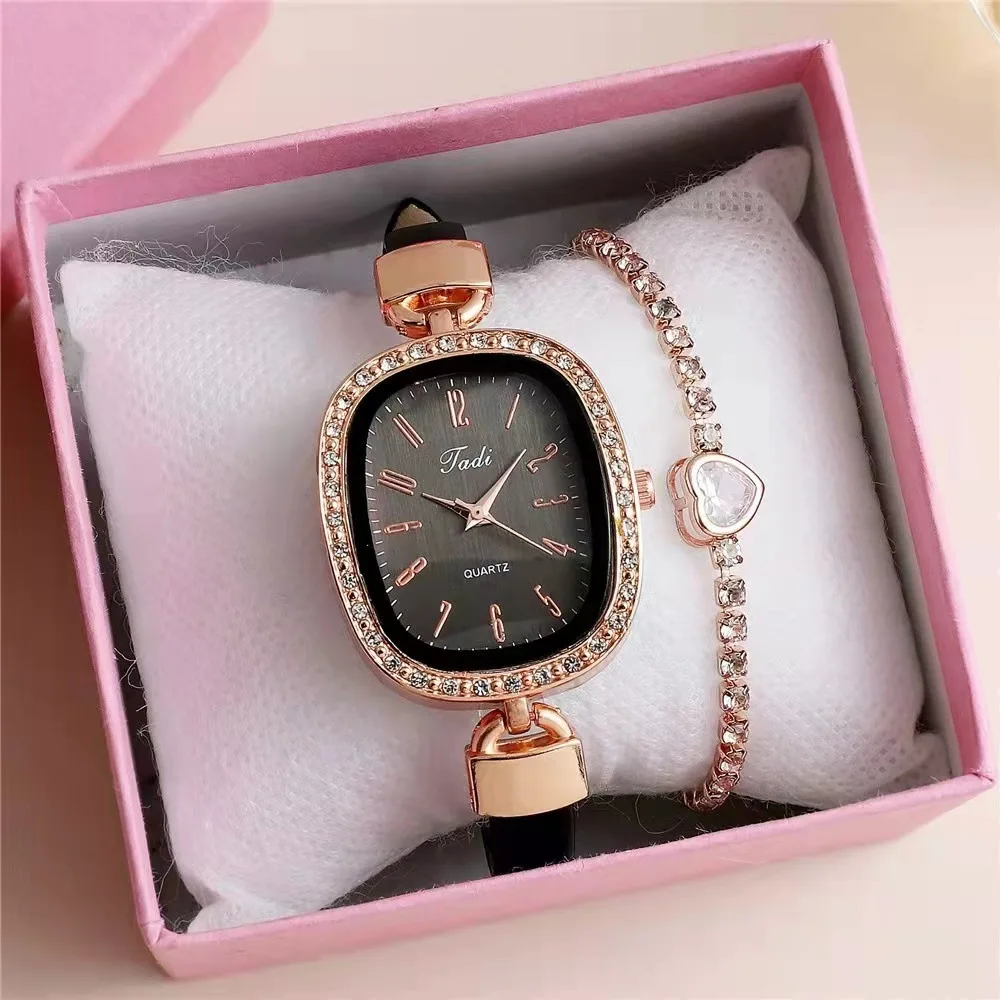 Montre à quartz avec bracelet cœur de pêche pour femme, ensemble de diamants, montre-bracelet, visage numérique, boîte-cadeau pour femme, ceinture, nouveau, 2 pièces