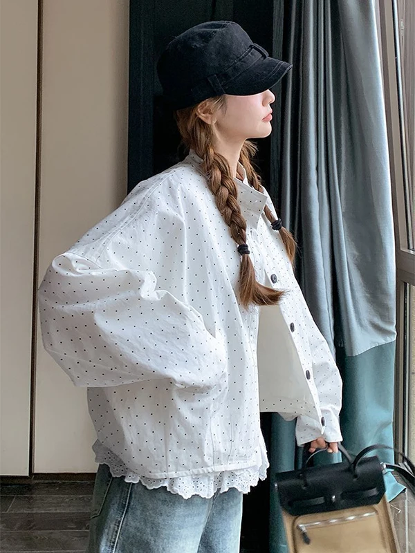 Tamanho grande 300 pou coreano sle casual solto bolinhas jaet feminino outono nova faion anti-envelhecimento gola jaet topo