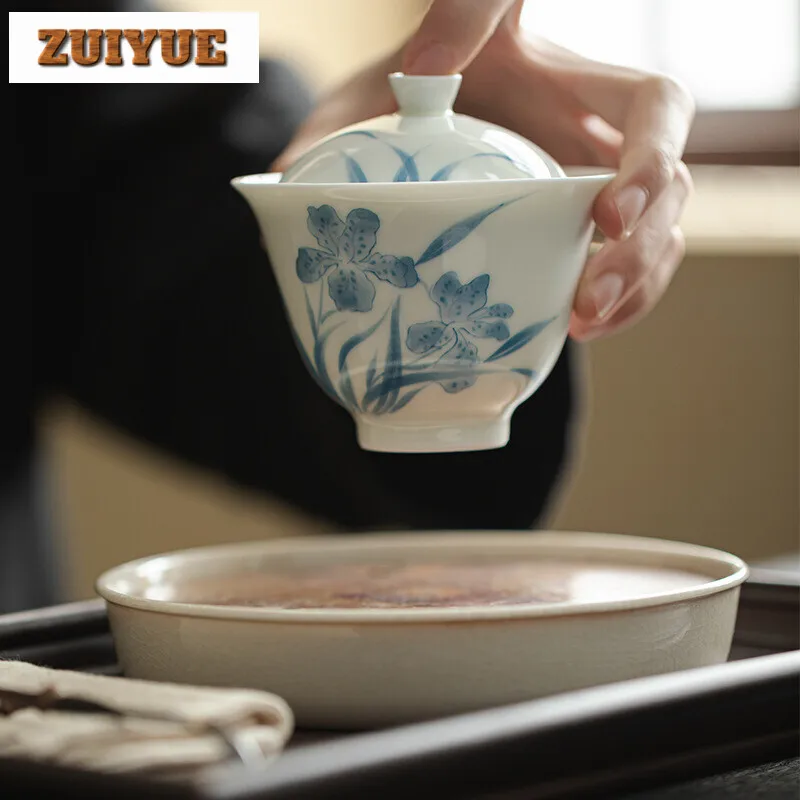 170ml Hand Painted Lily Gaiwan Japanese Blue and White Porcelain Tea Tureen Tea Making Cover Bowl for Tea Equipment Decoration