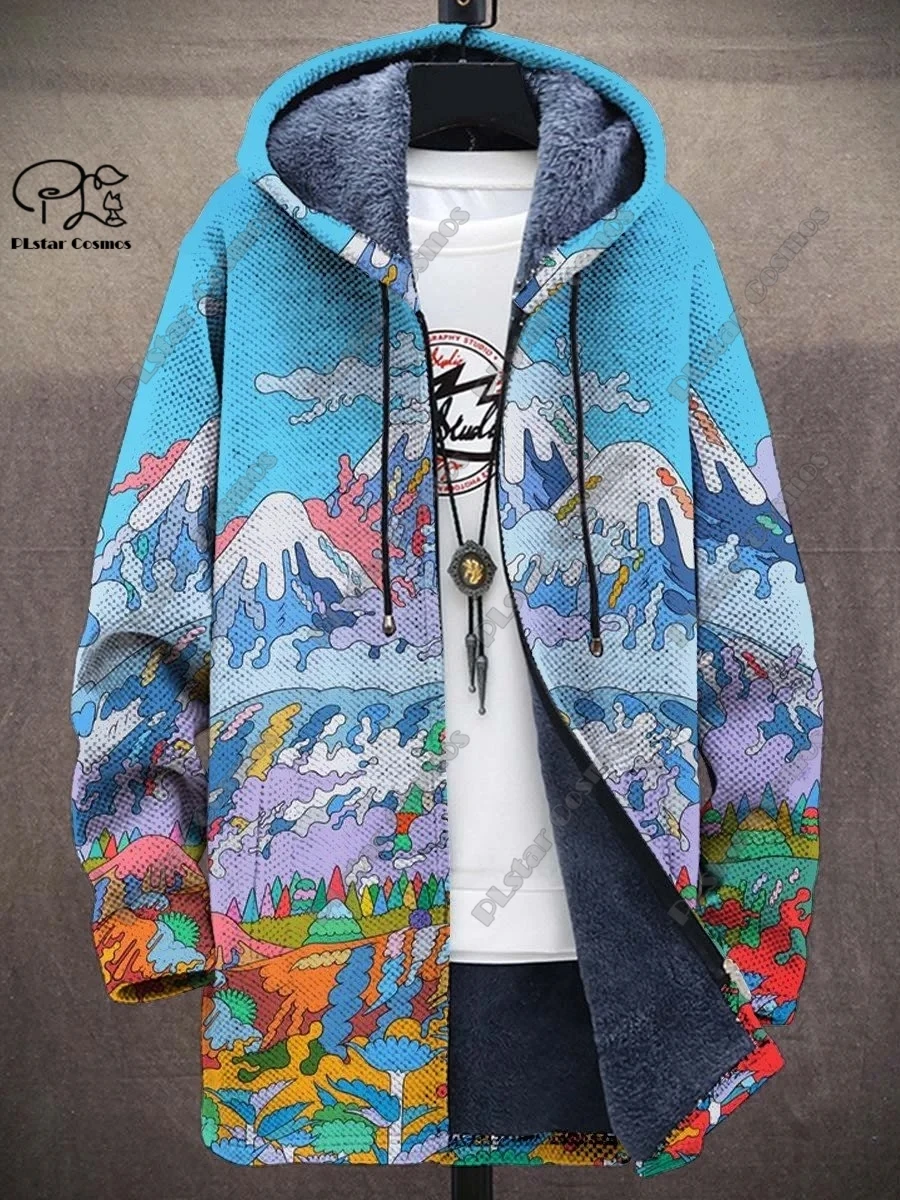 3D printed new winter hooded unisex retro geometric gradient art pattern plush thickened long-sleeved casual warm jacket DY-11