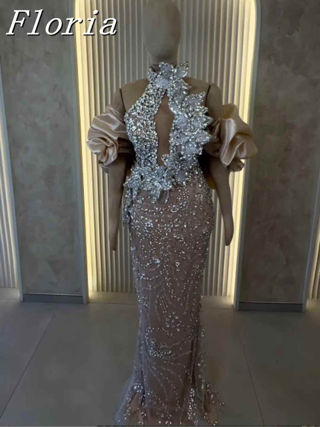 

Роскошное вечернее платье цвета шампанского, расшитое бисером и цветочной аппликацией, серебряные кристаллы, кружевные свадебные платья русалки, помолвочные платья