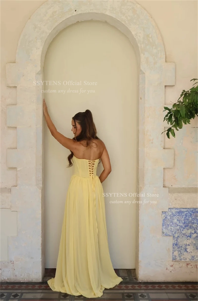 فساتين سهرة شيفون أنيقة من SSYTENS للسيدات باللون الأصفر بفتحة عالية من فيستدوس دي غالا على شكل قلب طويل للشاطئ مخصصة