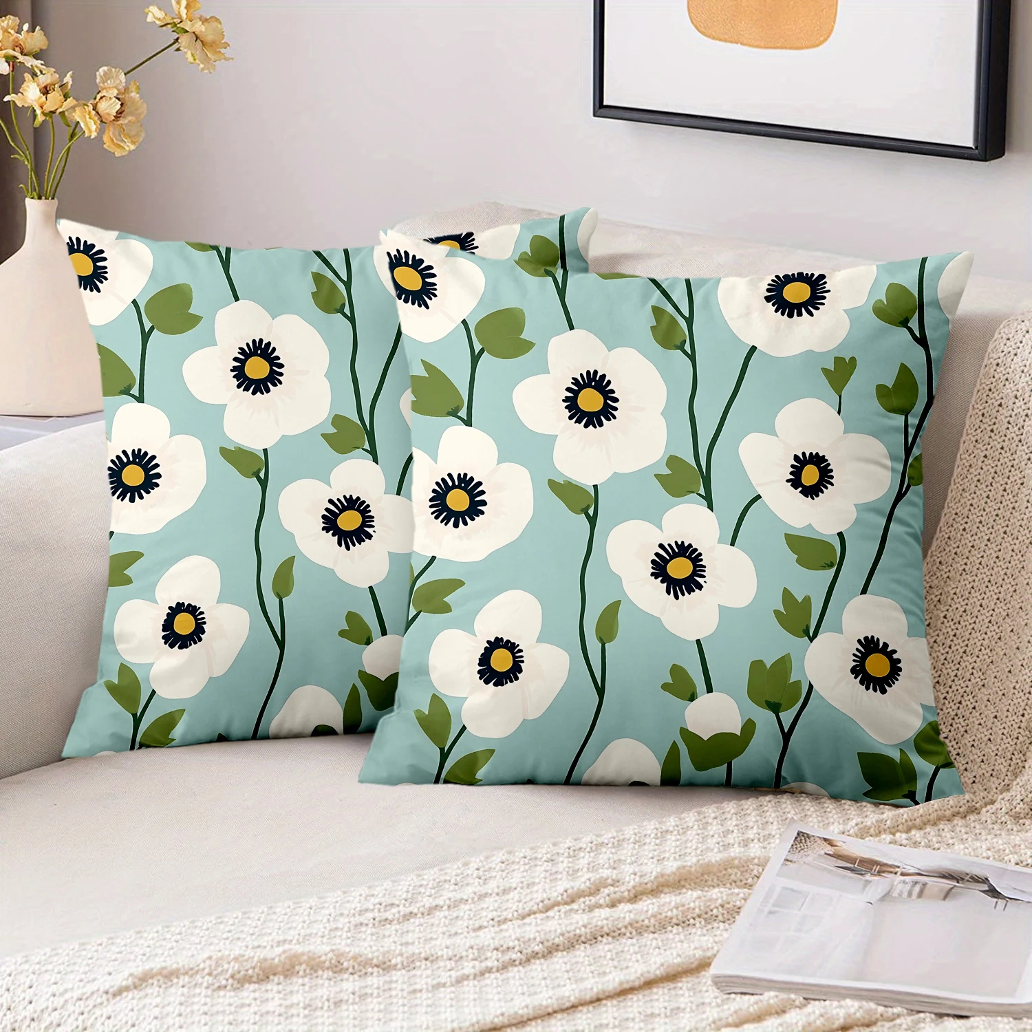 1 Pieces Vintage Anemone Floral Throw Pillow Covers Polyester sofa decorative cushion cov Headboard Pillow (Without Pillow Core）