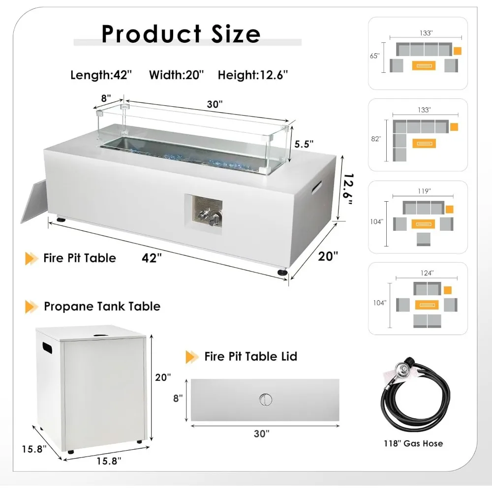 Moderner rechteckiger Feuerstellentisch für den Außenbereich, 42 Terrassenfeuerstelle mit Tanktisch, 50.000 BTU Low-Profile-Design