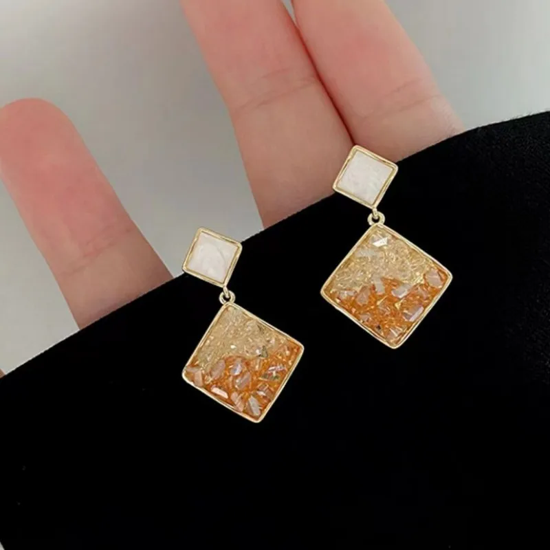 Crystal Square Drop Earrings For Female Orange Color Geometric Fashion Design Eardrop Statement Earrings Jewelry For Summer