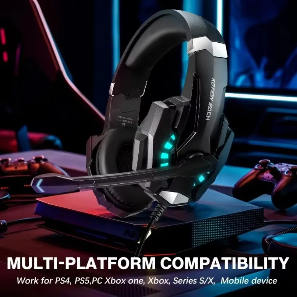 Mecha Style Wired Gaming Headset Ice Blue LED Light 40mm Stereo Sound Noise Reducing Mic for PS5 PC Xbox Glasses Friendly