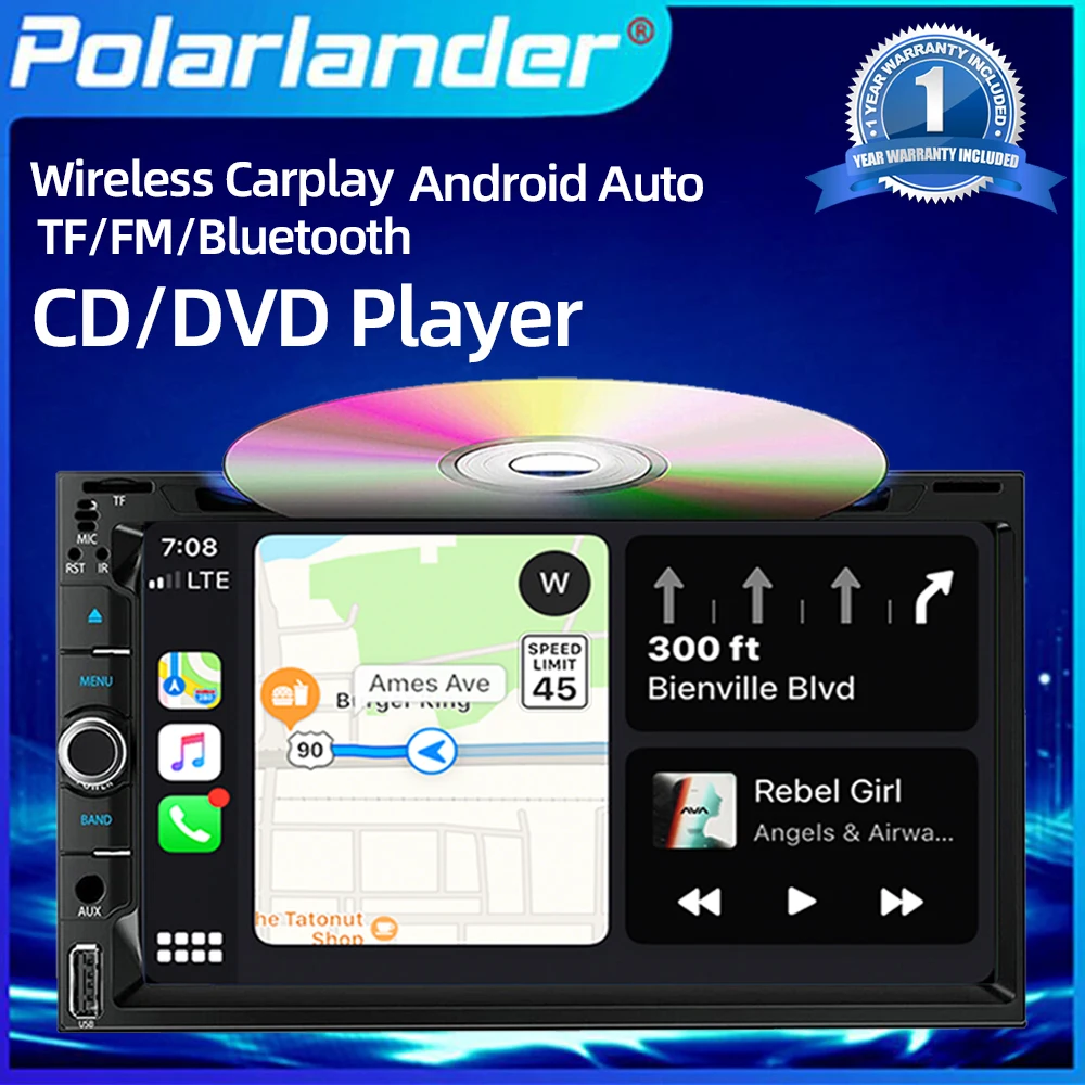 2 Din Car Stereo MirrorLink CD/DVD Support Bluetooth 5.1 Car Multimedia Player with CarPlay & Android Auto