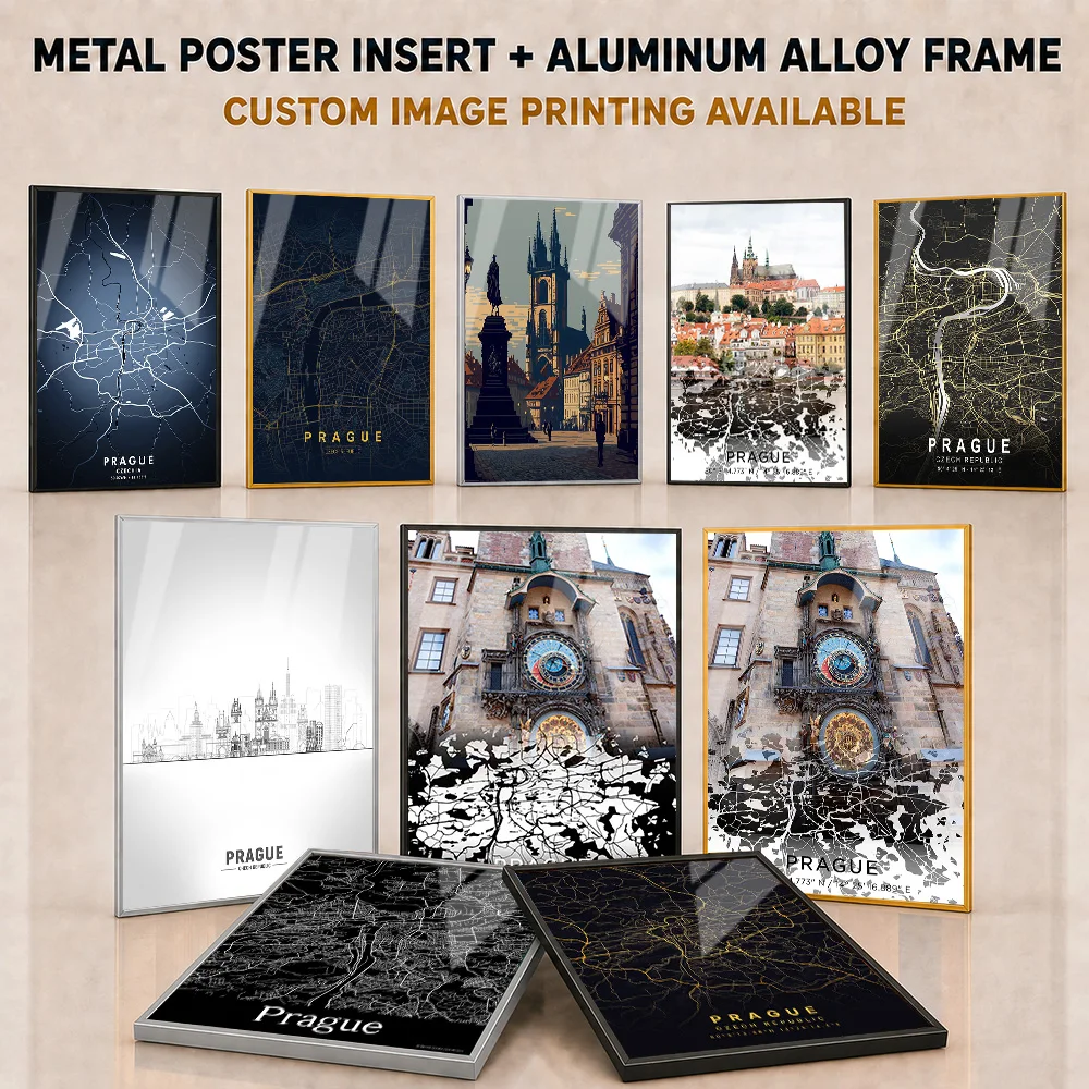 Prague Metal Poster With Aluminum Alloy Frame Personalized Minimalist Cartographic Design Wall Art For Study And Traveler Gift