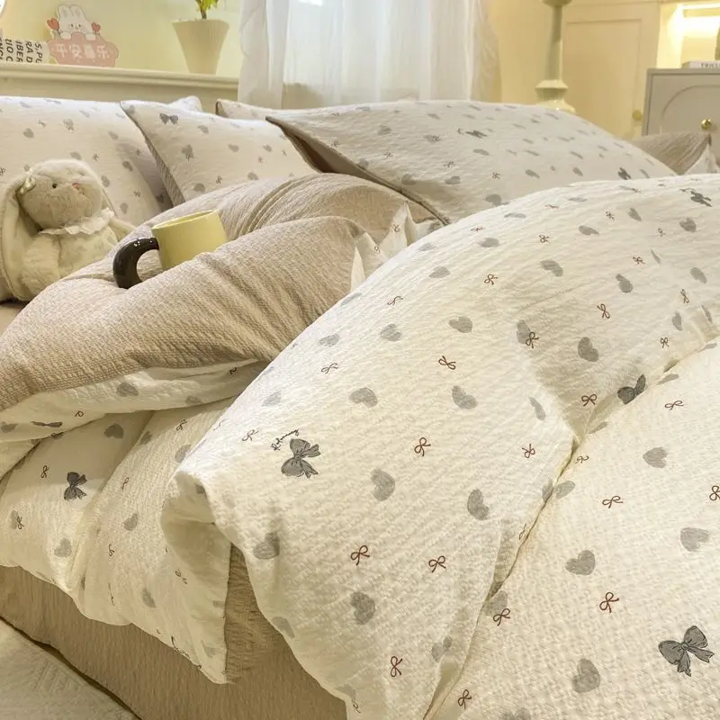 A-Class Puff Double-Layer Yarn 4-Piece Bedding Set - Breathable All-Season Dorm/Washable Cotton Soft & Comfortable