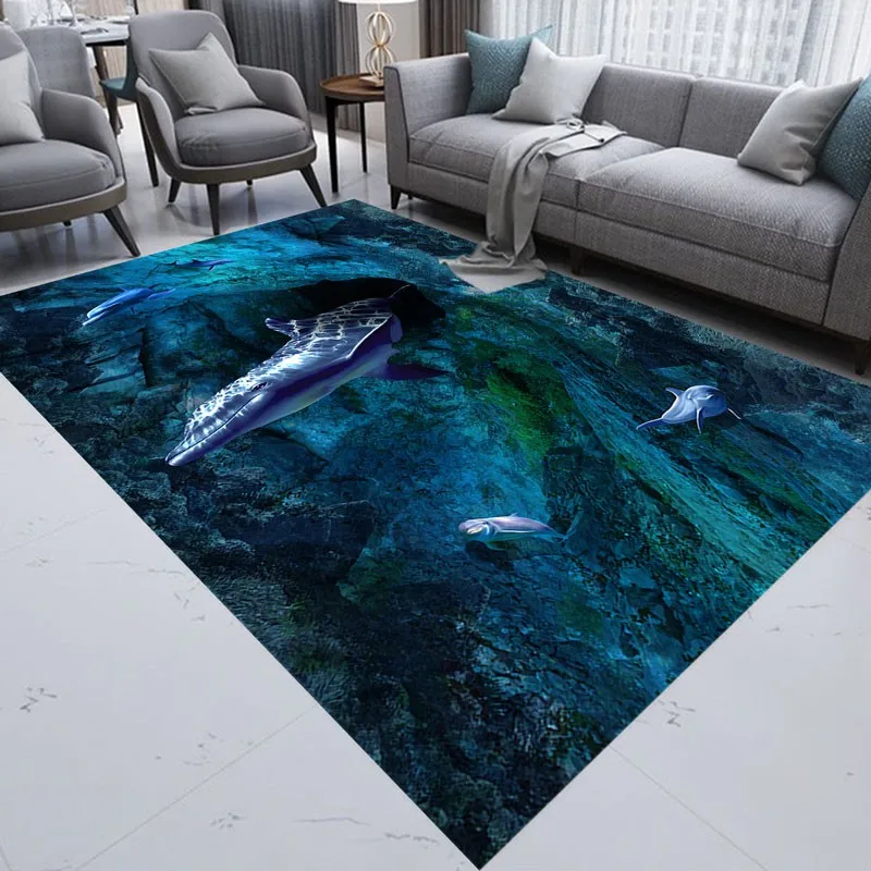 Reese Velvet Soft Fleece Carpet Rug Living Room Parlor Scenery Soft 3D Whale And Dolphins In The Deep Sea Floor Protection Decor