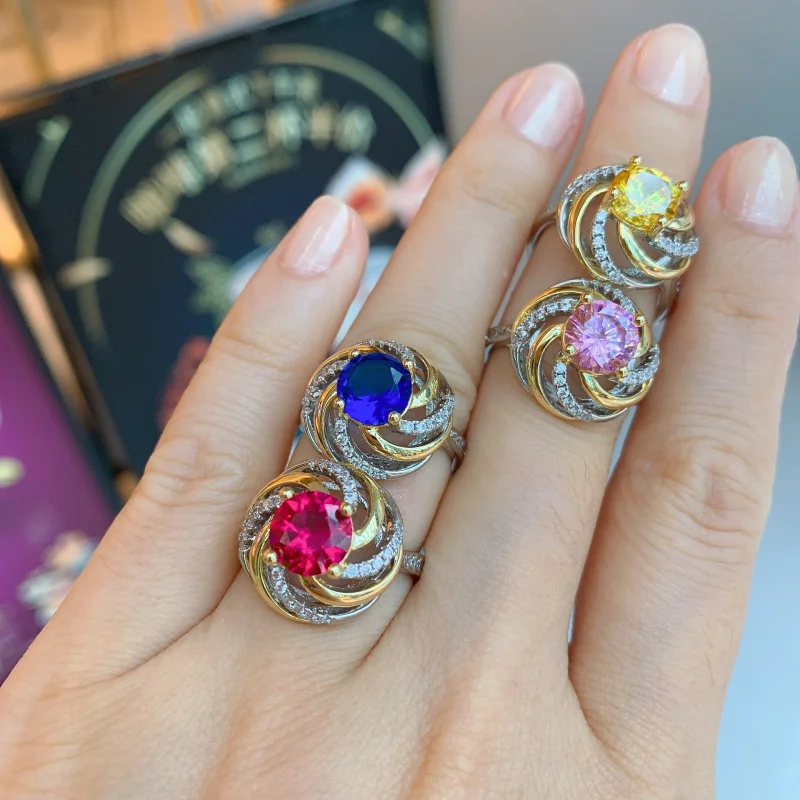 

European and American Moissanite Ring Vintage Luxurious Gemstone Ring Flower Blue Sapphire Ring