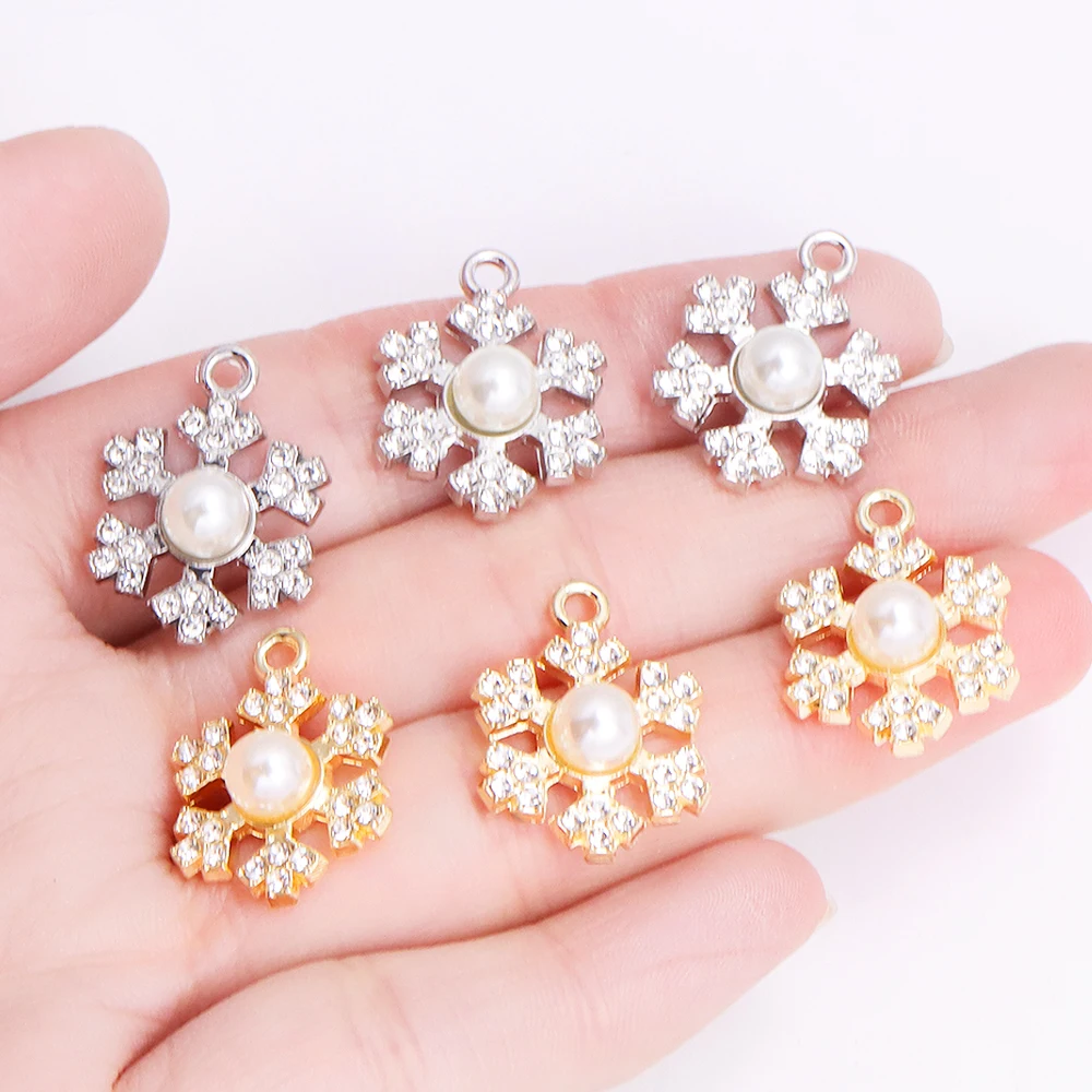 10Pcs Delicate Pearl Zircon Snowflake Pendant Alloy Metal Charms for Diy Jewelry Making Necklaces Earrings Craft Accessories