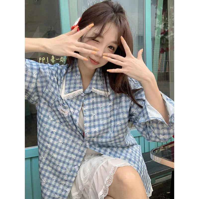 MEXZT Harajuku Plaid Shirts Women Fashion Bow Cartoon Bear Print Blouses Summer Korean Lace Patchwork Long Sleeve Design Tops