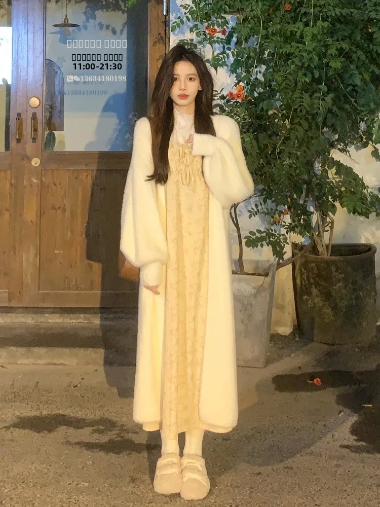 

kett Mid-Length Knitted Cardigan Women's Soft Nib Fur Sweater Commute Sle Long Sve Color Outerwear