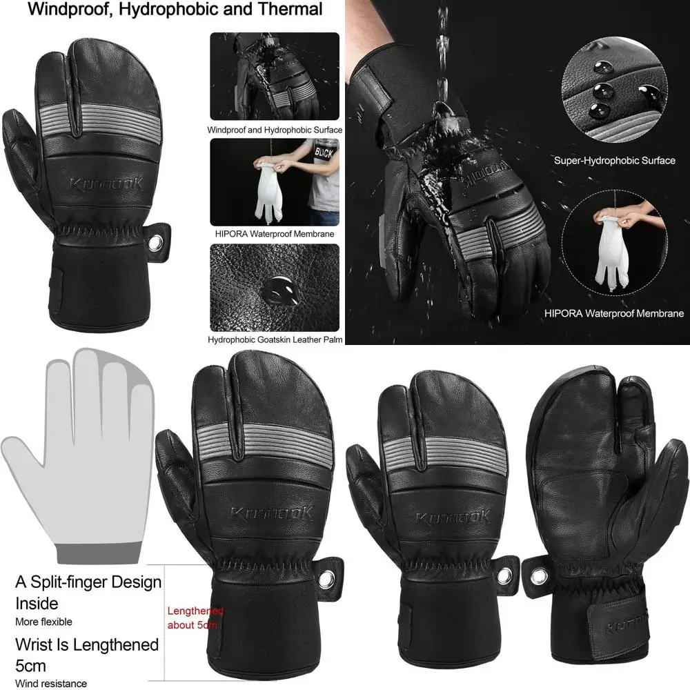 

KUTOOK Ski Mittens with HIPORA Waterproof Membrane Goat Leather Gloves for Skiing Outdoor