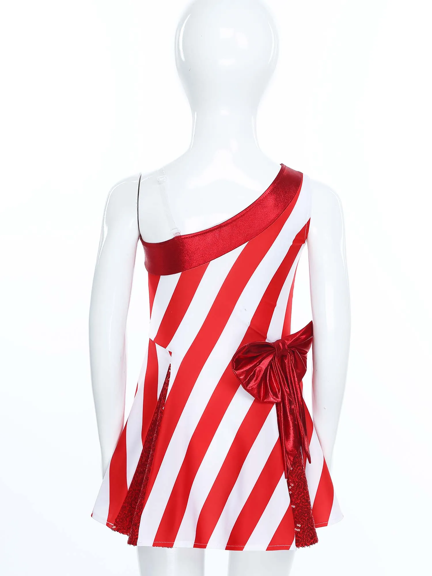 4-16Y الفتيات عيد الميلاد السنة الجديدة حفلة قصب الحلوى فستان مخطط مهرجان عيد الميلاد زي كتف واحد معدني القوس الترتر فساتين #4