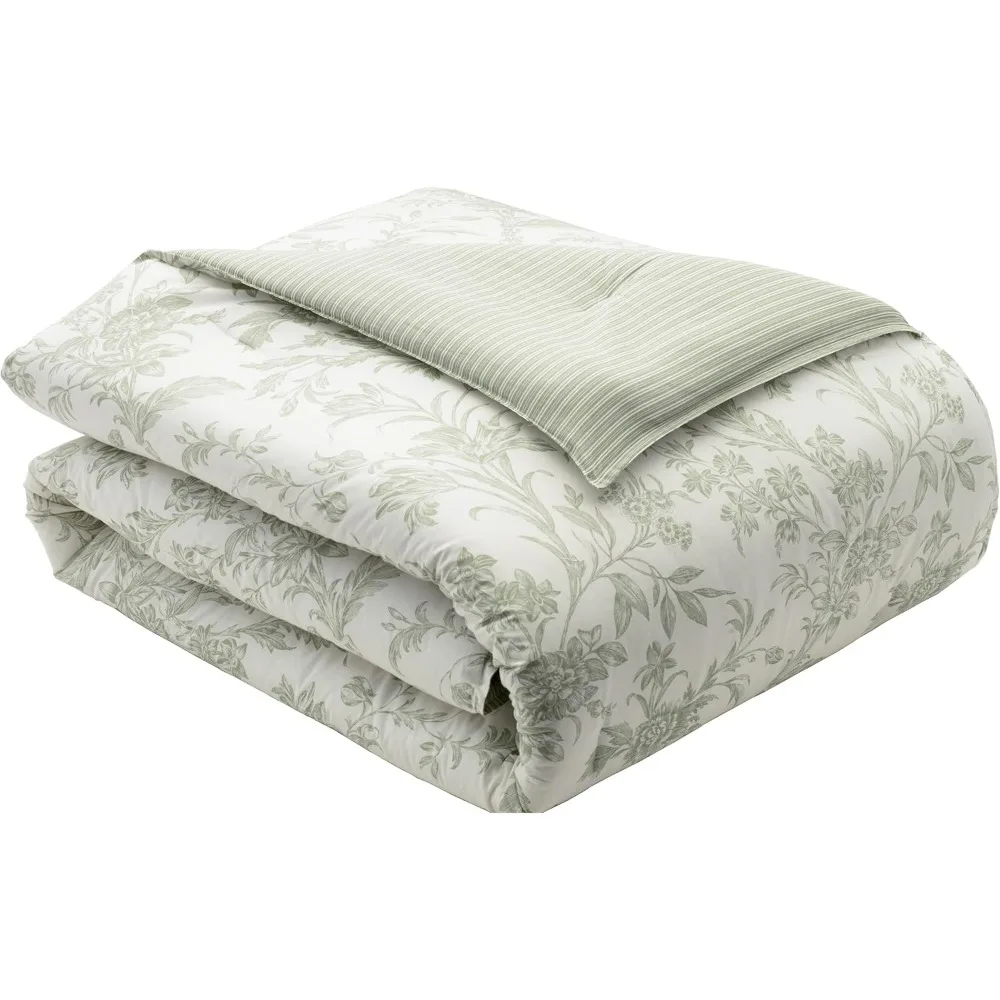 Queen Comforter Set, Reversible Cotton Bedding, Includes Matching Shams with Bonus Euro Shams & Throw Pillows