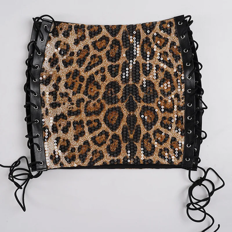 

Nightclub Sexy Spice Girl Style Leopard Print Sequined Short Skirt Side Straps A-shaped Low Waist Skirt