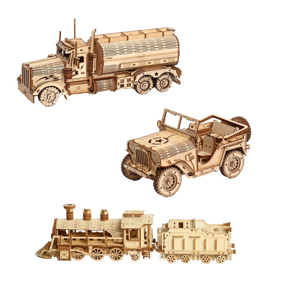 3D Train Model Building Blocks Toy Kit DIY Child Adults Assemble Steam Locomotive Truck Cars Wooden Puzzles Set Montessori Gift