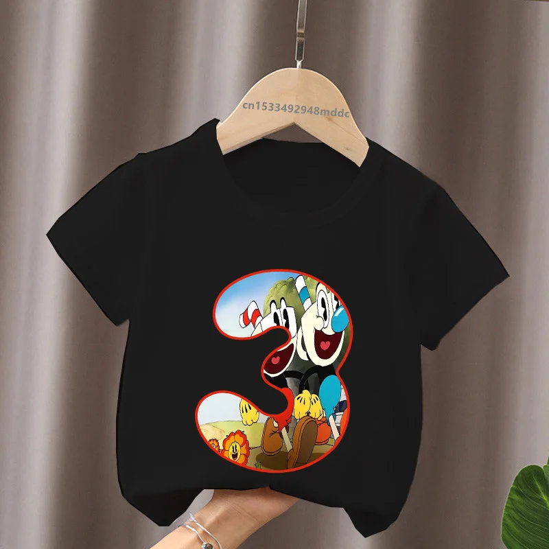 Cute Cuphead Game Print Number Bow Cartoon Kids T shirt 1 2 3 4 5 6 7 8 9 Years Birthday Baby Boys T-Shirts Funny Girls Clothes