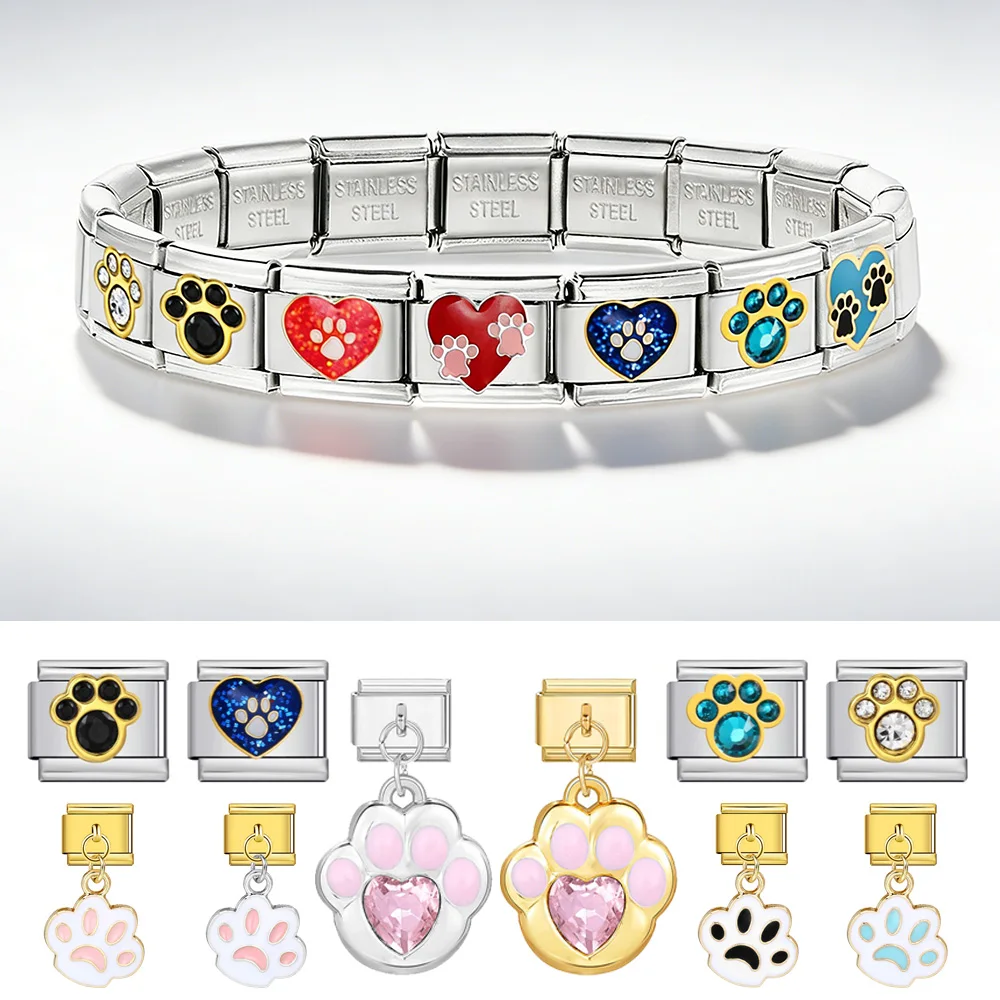 Y2K Fashions Simple Cat's Paw Bear Claw Footprint Pendant Italian Charm Link Fit 9mm Stainless Steel Bracelet Jewelry Making DIY