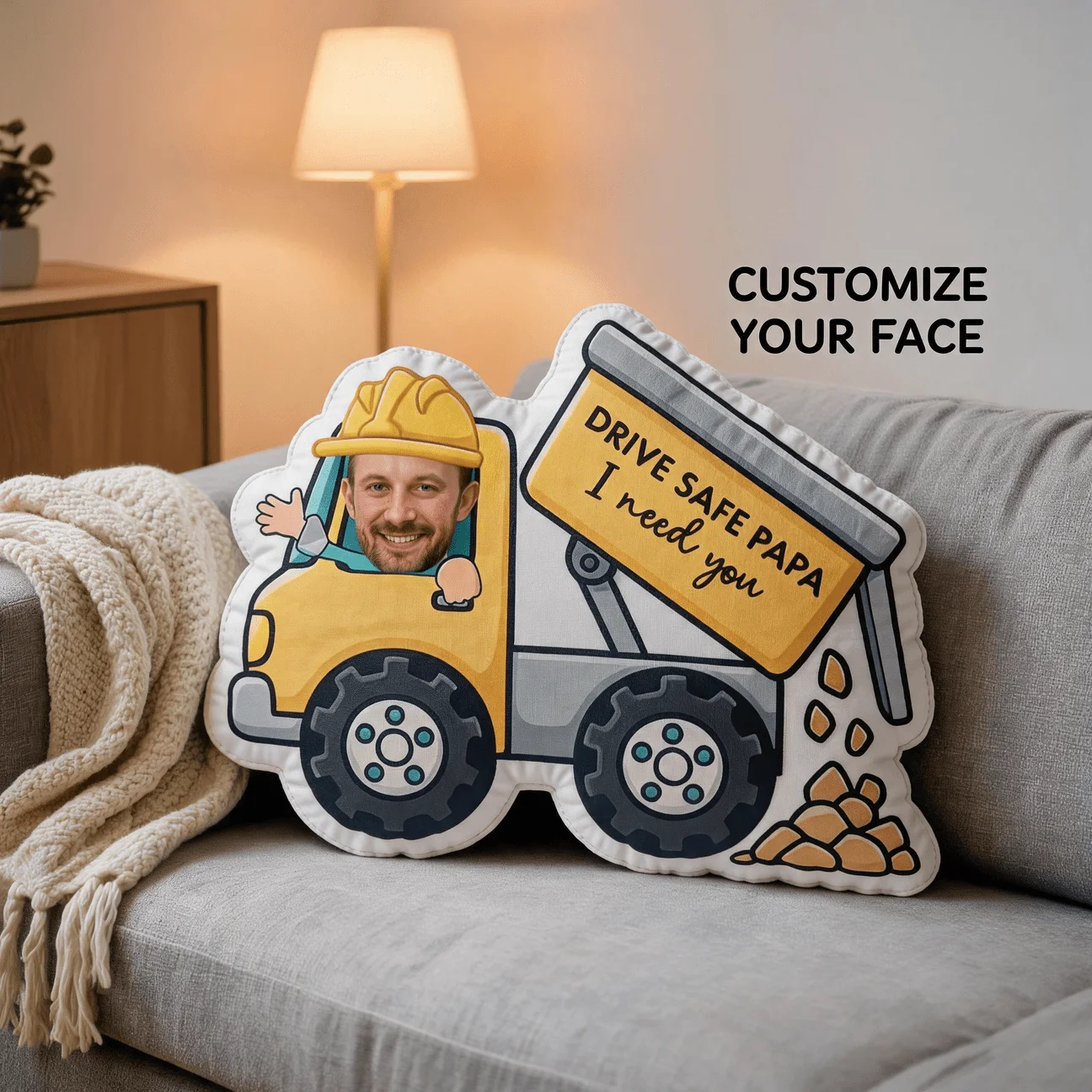 Custom Photo Dump Truck Shaped Pillow, Personalized Face Construction Vehicle Decorative Cushion, Unique Home Decor Accent for S
