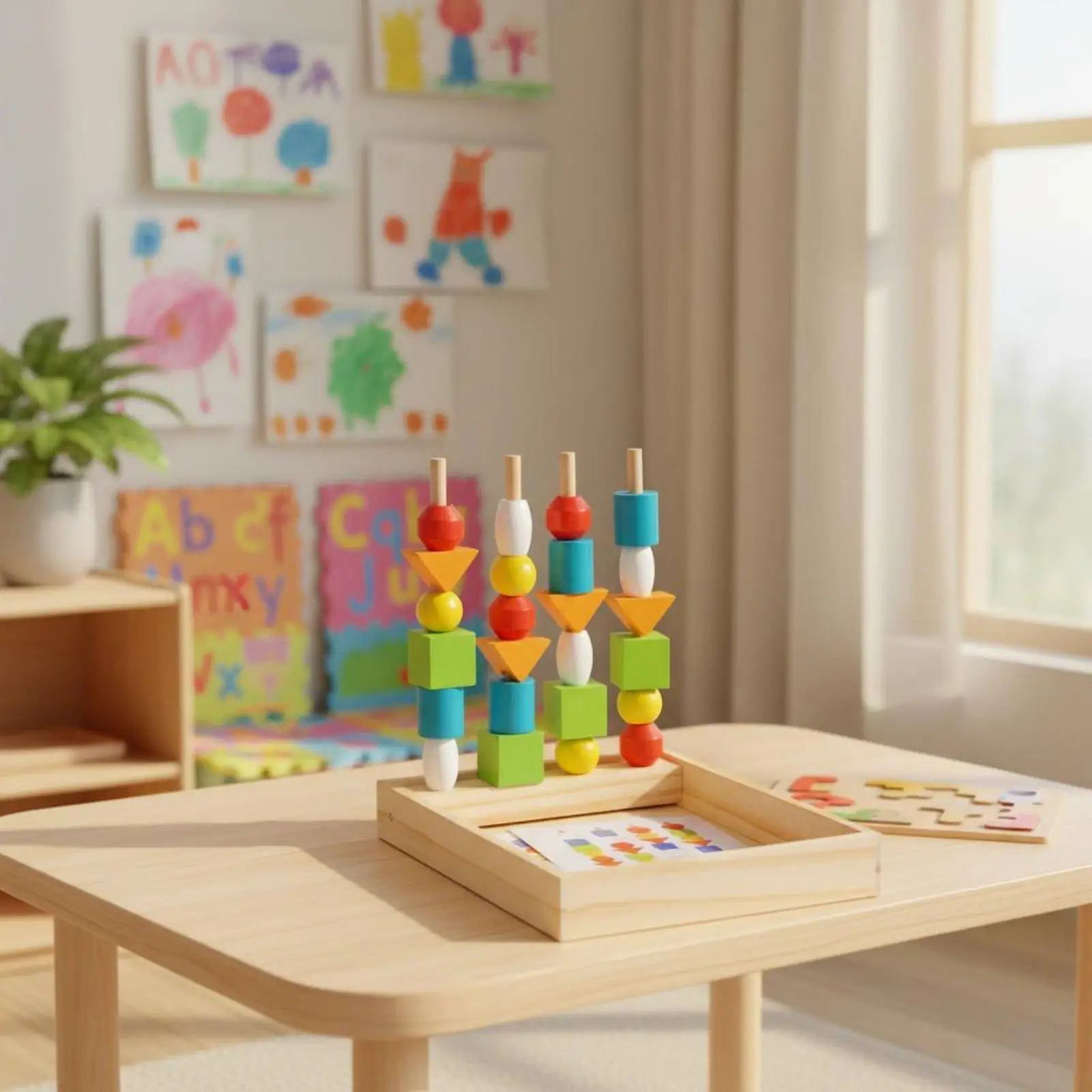Pattern Matching Bead Set Thinking Skills Training Shape Color Sorting Toy Hand-Eye Coordination Wooden Bead Stacking Game for
