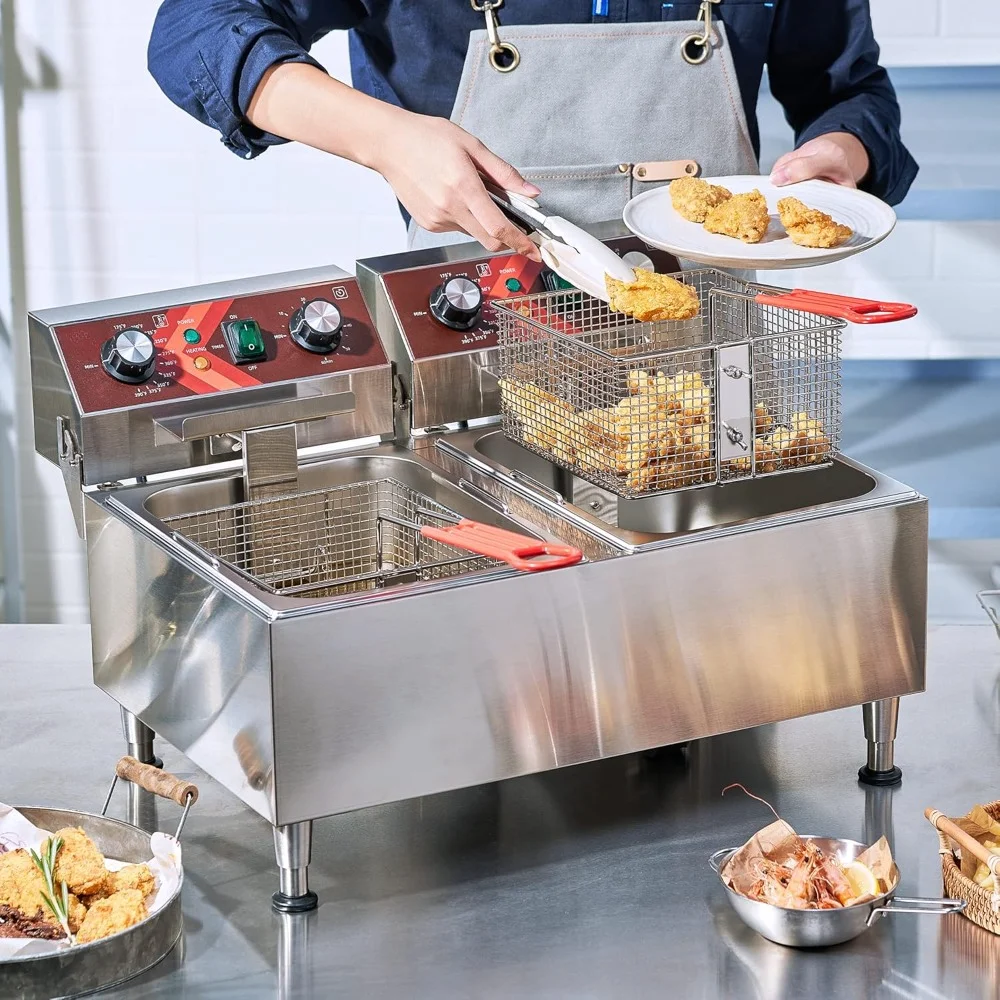 Deep Fryers Stainless Steel Commercial Deep Fryer with Timer Dual Tank Electric Deep Fryer, 120V 3600W