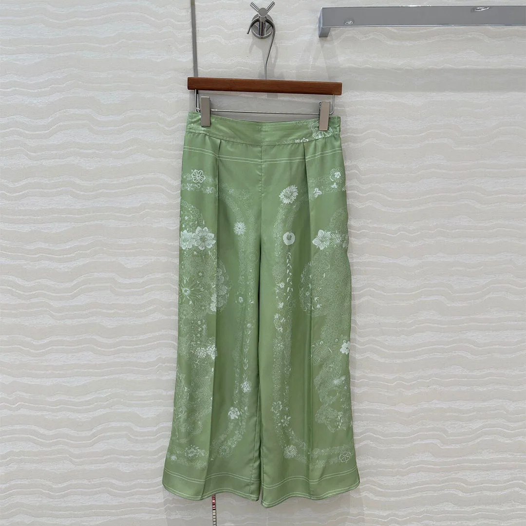 

2025 New Fashion Green Floral Print 100% Silk Pants Women High Waist Loose Casual Ankle Length Wide Leg Trousers