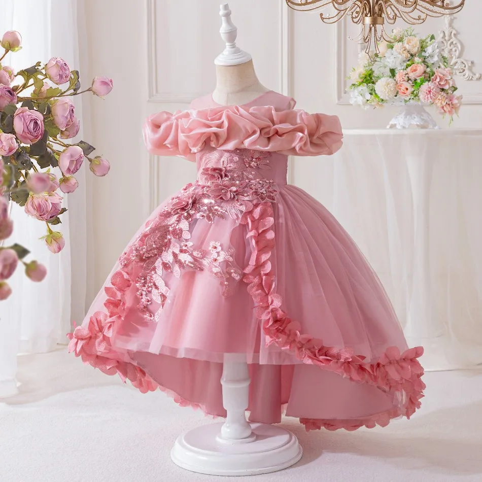 Girls Pink Off‑Shoulder Formal 3D Floral Lace Applique Tulle Train Dress Kids Piano Flower Birthday Banquet Party Dress ASQ03