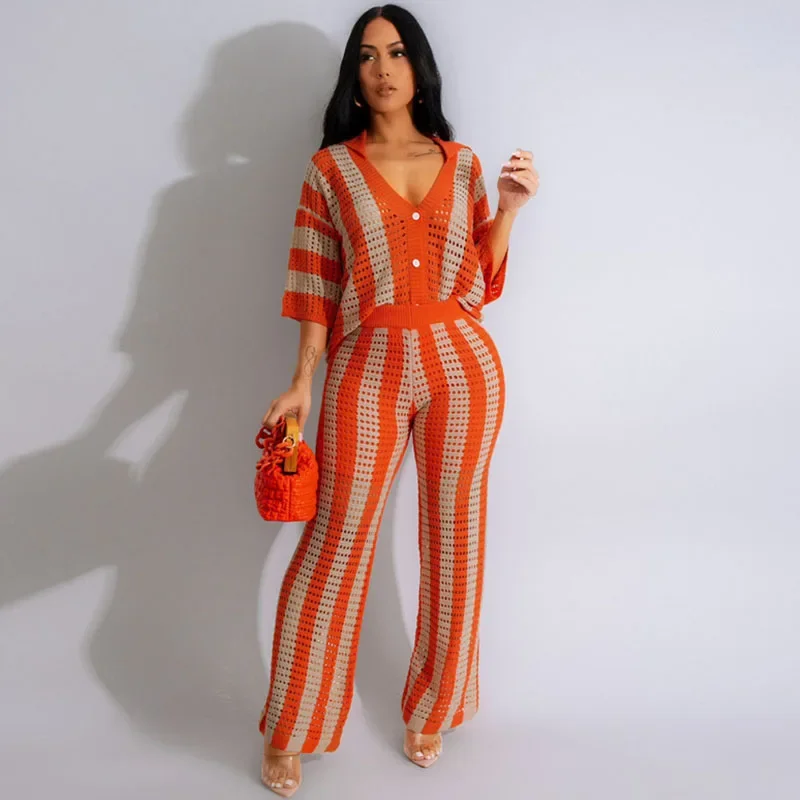 Striped Knitted Pants Set Women 2 Piece Outfit Elegant Hollow Out Button Up V-neck Top and Wide Leg Pants Matching Sets Vacation