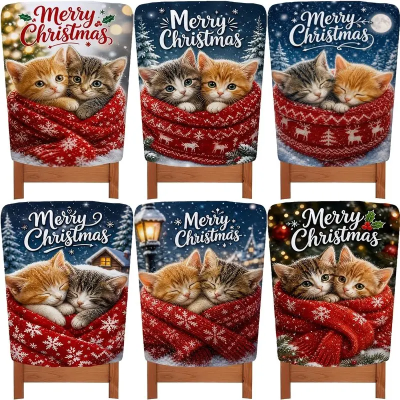 VIKAMA Christmas Chair Back Cover Cute Kitten Cat Snowflake Print Washable For Dining Room Kitchen Christmas Party Decor
