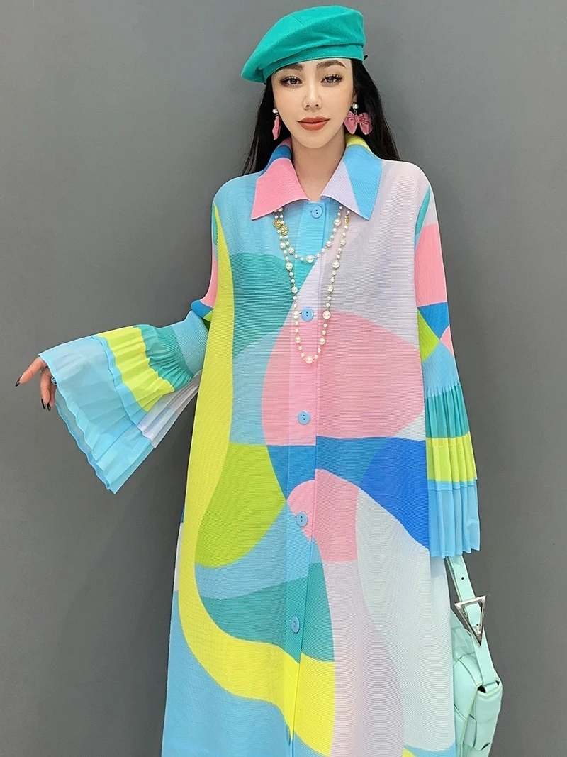 Vefadisa 2025 Summer New  Turn-down Collar Printed Lace-up Dress Sky Blue Pink Ruffle Edge Long Sleeves Women Dress HLX049