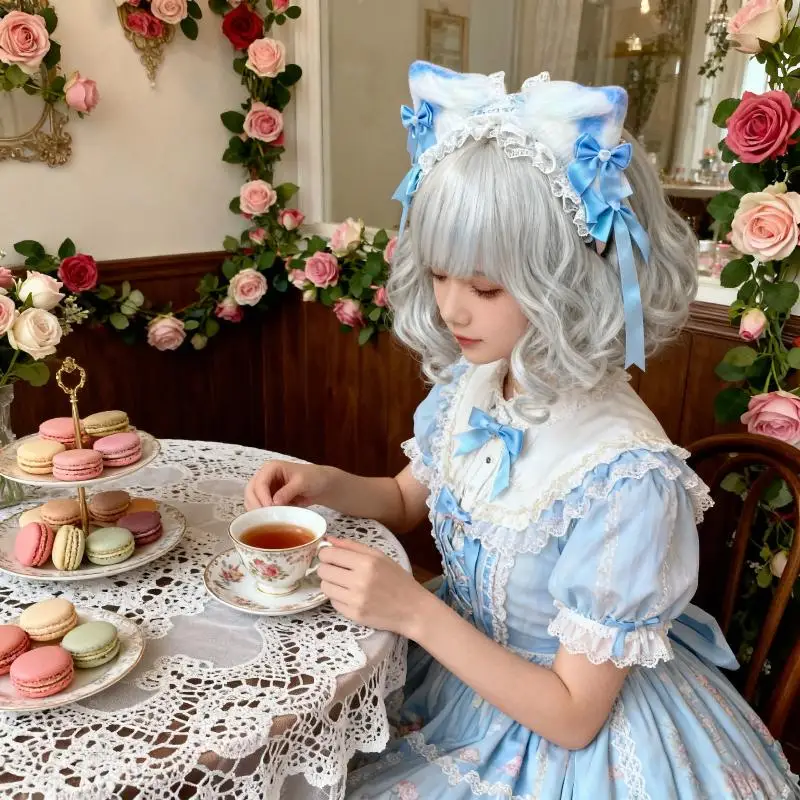 Headband 1 Set Lace Headdress Cosplay Anime Bow Cat Ear Hair Hoop Women Plush Ears Ribbon