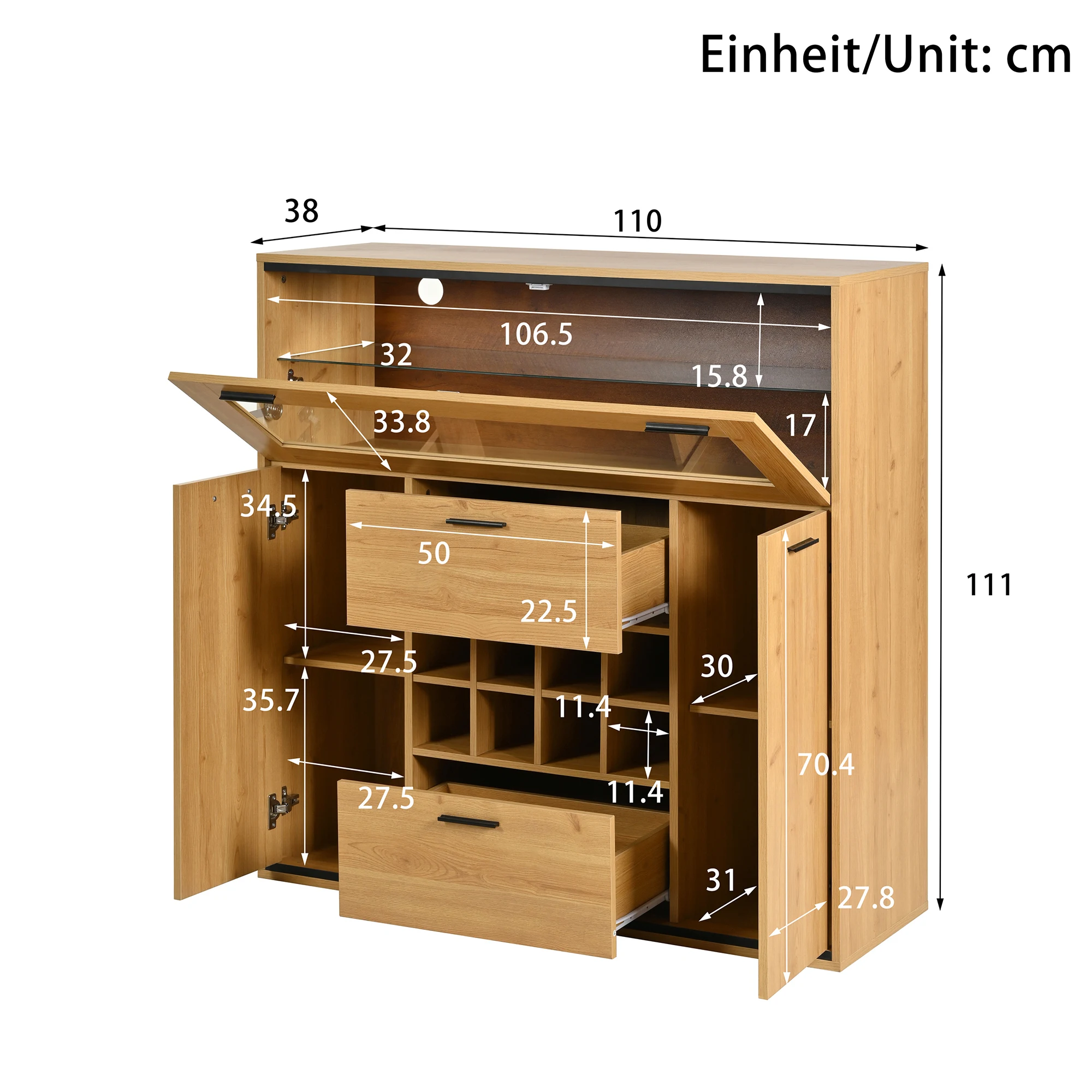 Keuken-eetkamer dressoir met kast, glazen planken, flessenrek, houten wijnrek, kunstrestaurant bar buffet vitrinekast
