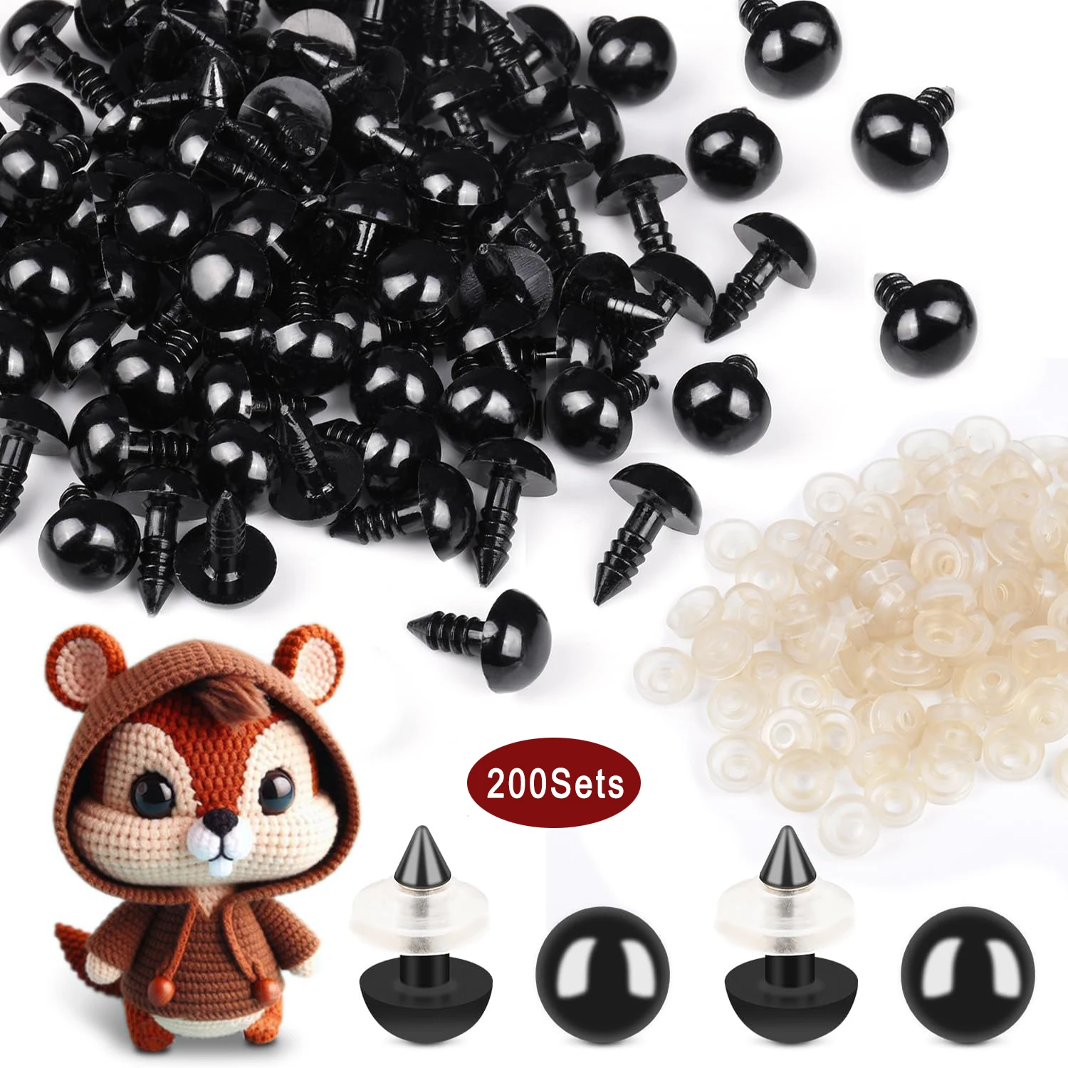 200Sets 8mm Safety Eyes for Crochet Amigurumi Stuffed Animals Plastic Craft Eyes with Washers for Crocheting Doll Eyes Making