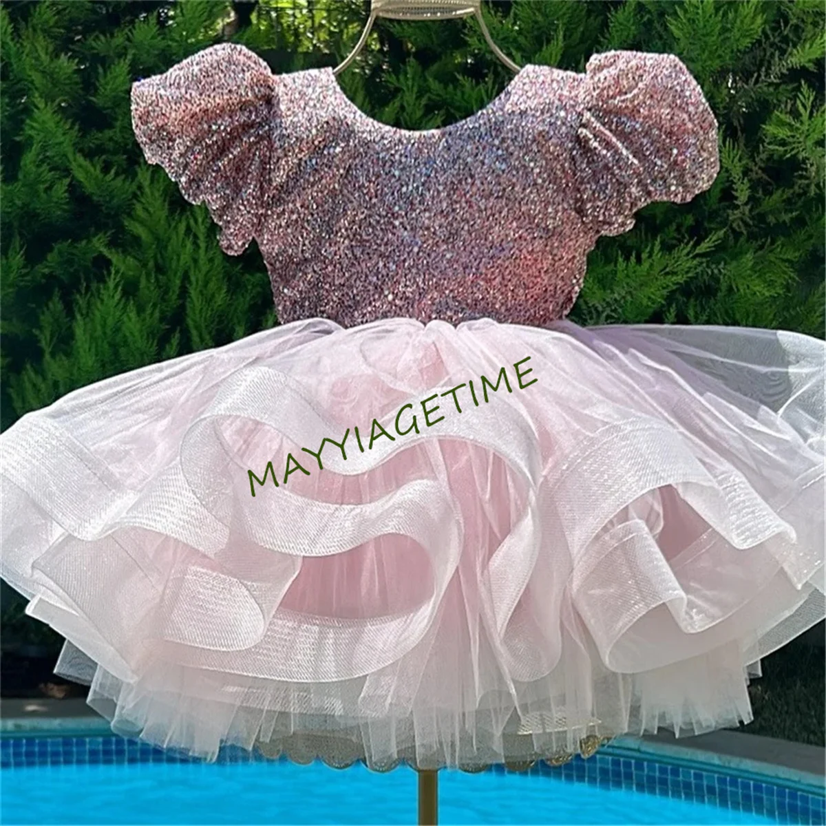 Pink Flower Girl Dress Glitter Sequins Bow Belt For Wedding Party Short Sleeves Puffy First Communion Gown Kids Birthday GIFT