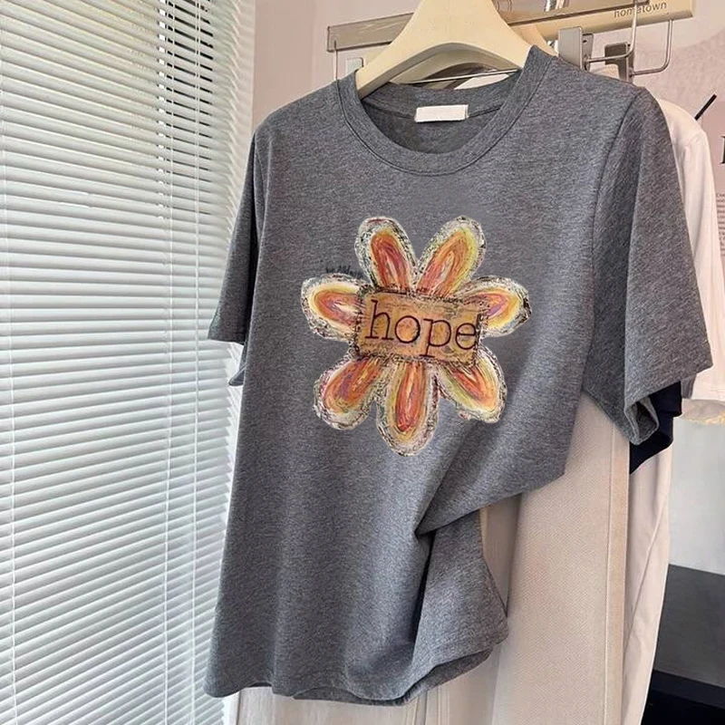 Retro Koreanische Lose Fit runde Ne ort Sve T-shirt frauen Casual Sle Sommer Faion Casual Top Vielseitig Abnehmen