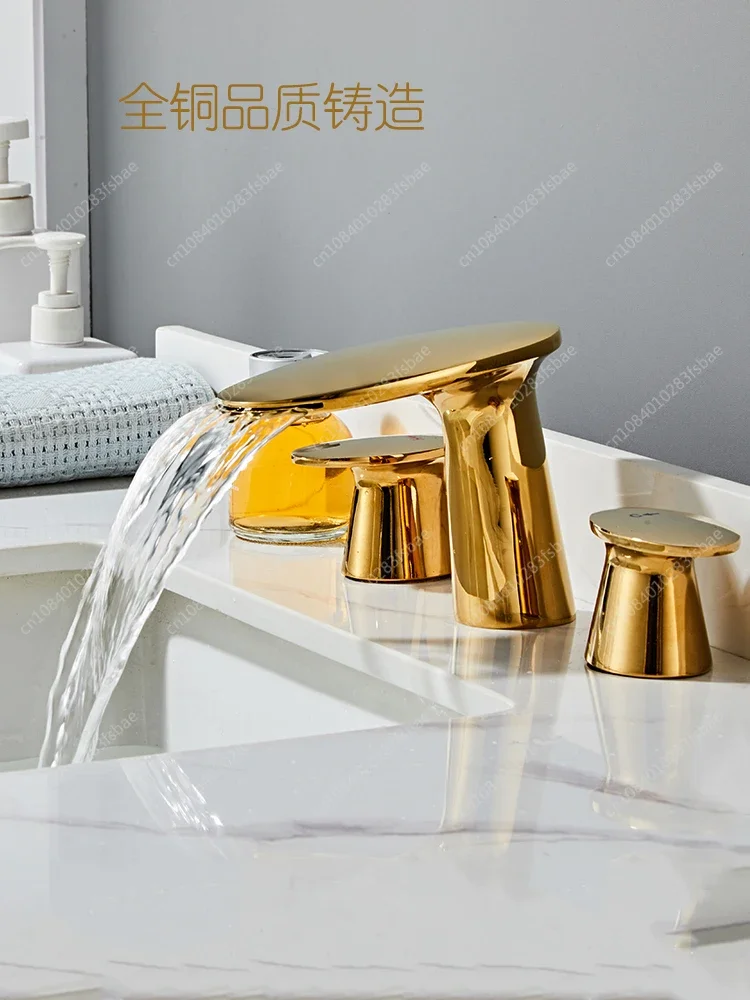 Creative Split Three-hole Basin Faucet Hot and Cold Double Handle Adjustment Bathroom Cabinet Sink Faucet Waterfall Full Copper