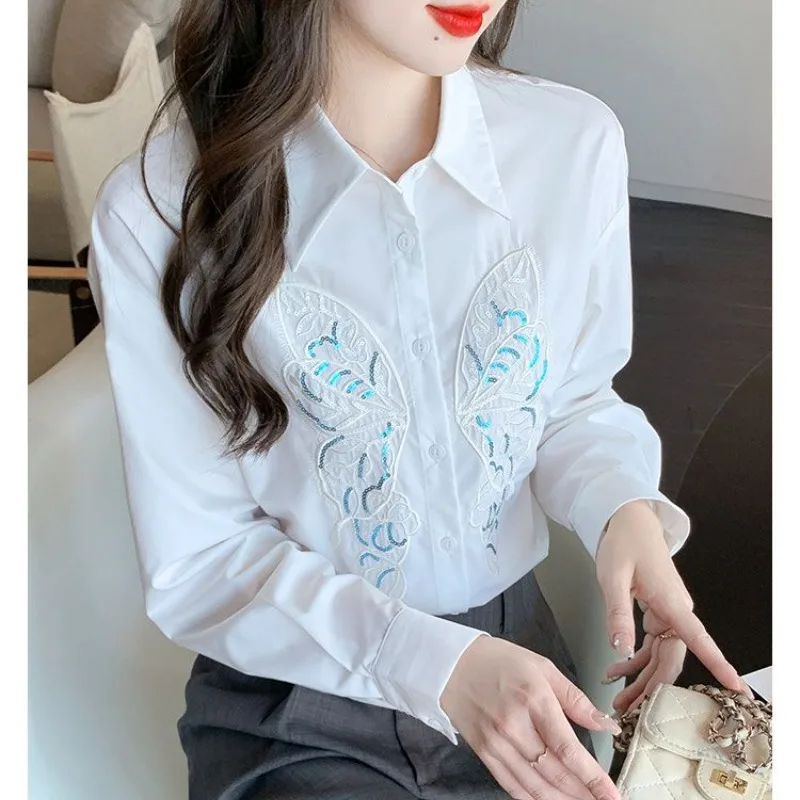 Spring Autumn Women\'s Turn-down Collar Solid Butterfly Sequined Embroidered Button Cardigan Long Sleeve Chiffon Shirt Coats Tops